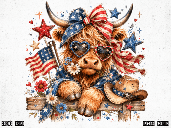 Download Patriotic Highland Cow PNG | America Cow - America Collection